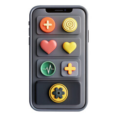Poster - A colorful 3D rendering of a phone screen featuring vibrant buttons showcasing various icons like hearts and a medical cross in a friendly layout.