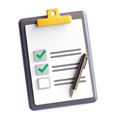 Poster - A modern 3D render of a clipboard with a checklist and a pen, featuring checkmarks indicating completed tasks, isolated on a white background.