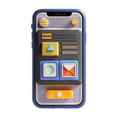 Poster - A vibrant 3D render of a mobile phone showcasing a colorful user interface with various shapes and buttons. Perfect for digital design inspiration.