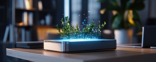 Holographic virtual assistant projecting from a smart device in a modern, tech-savvy workspace.