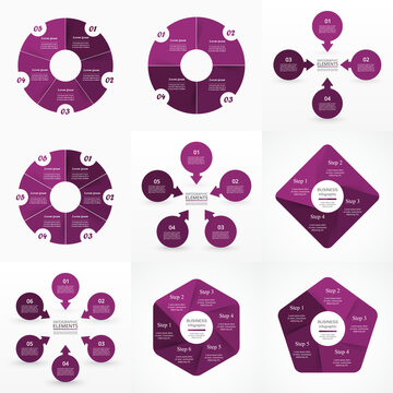 Set of circle violet infographic elements with 4, 5 and 6 options, parts or steps.
