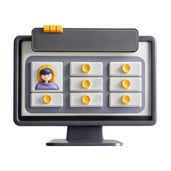 Poster - A 3D rendered computer screen displaying a user interface with buttons and an avatar, showcasing a modern design.