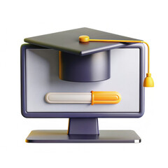 Poster - A 3D model of a computer screen displaying a graduation cap, symbolizing education and academic achievement. Rendered in a modern style.