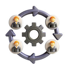 Poster - A 3D render depicting a teamwork process with circular arrows and stylized figures in professional attire, symbolizing collaboration and workflow.