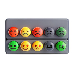 Poster - A colorful array of emoticon buttons displaying various emotions like happiness, sadness, and confusion. Ideal for feedback or educational purposes.