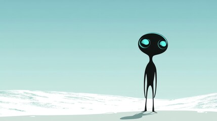 A cartoon alien stands on a white landscape with a blue sky.