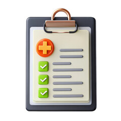 Poster - A 3D render of a clipboard with a checklist. It features a red plus symbol and green check marks, ideal for health or organizational tasks.