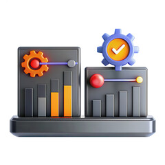 Aufkleber - A colorful 3D render of an analytics dashboard featuring gears, charts, and sliders, representing data analysis and management.