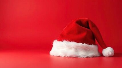 A classic red Santa Claus hat with a white pom-pom on a red background with copy space