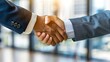© Jolin - Confident Handshake of Business Professionals: Sleek Contemporary Office, City Reflections, Prosperous Merger Symbolism