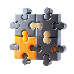 Poster - This image features a 3D rendering of interconnected puzzle pieces in shades of orange, yellow, dark, and light gray. Creative design with contrast.
