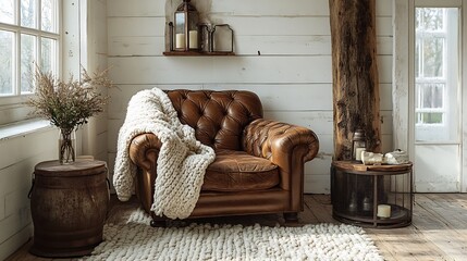 Poster - Rustic farmhouse living room with a leather armchair reclaimed wood coffee table and a white shiplap wall The space is decorated with vintage metal lanterns and cozy woolen blankets