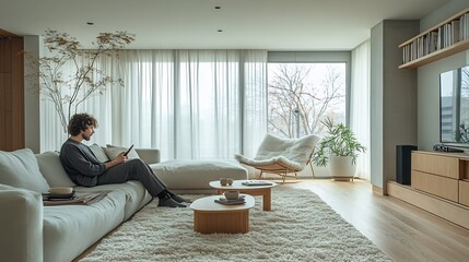 Poster - Scandinavianinspired home with light pastel colors white oak floors and a minimalist gray sofa A soft wool rug and light wooden furniture create a clean and inviting space