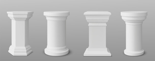 Poster - Four square, hexagon and round white columns with unique base and top design. Realistic 3d vector set of antique sculpture stage for product displays or podiums. Modern elegant goods showcase.