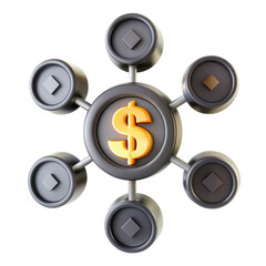 Aufkleber - A 3D model featuring a dollar sign in orange, surrounded by black and gray circular shapes, representing financial concepts and transactions. Ideal for business contexts.
