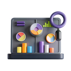 Aufkleber - A colorful 3D model representing data analysis with pie charts, bar graphs, and a magnifying glass, showcasing detailed insights in a modern style.
