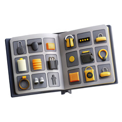 Poster - A 3D render of an open book displaying various icons and models such as bags, locks, and containers in shades of yellow and grey.