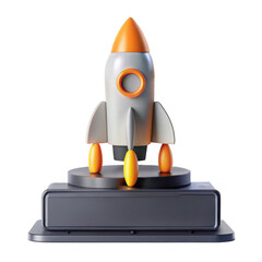 Poster - A modern, stylized rocket model with a gray body and orange accents. It stands on a circular base, perfect for decoration or display.