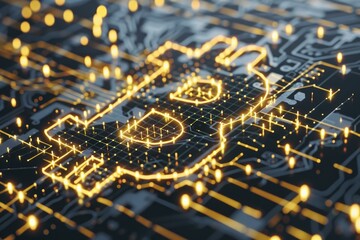 Poster - Glowing bitcoin symbol forming on a futuristic circuit board, representing the concept of cryptocurrency