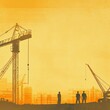 © Tadeusz - Silhouetted workers at a construction site with cranes against a warm orange backdrop.