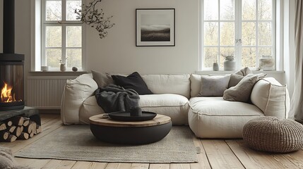 Poster - Scandinavianinspired living room with a clean white sofa light wooden floors minimalist furniture and cozy gray throw blankets A small round coffee table and a modern fireplace