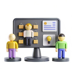 Poster - A digital display showing stylized figures beside a monitor that features icons, depicting a collaborative work environment with diverse characters.