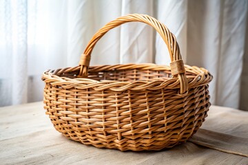 Poster - Empty Wicker Basket on White Background, Rustic Home Decor, Natural Fiber, Stylish Storage Solution, Empty Container for Photography, Eco-Friendly Basket, Minimalist Aesthetic