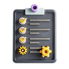 Poster - A 3D render of a clipboard checklist with checked items and a gear icon, designed in vibrant colors on a dark background. Ideal for tasks and planning.