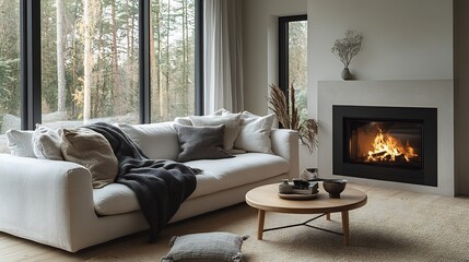 Poster - Scandinavianinspired living room with a clean white sofa light wooden floors minimalist furniture and cozy gray throw blankets A small round coffee table and a modern fireplace
