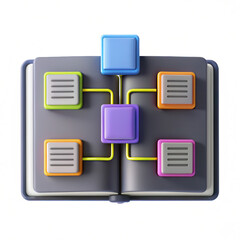 Aufkleber - A 3D rendered open book featuring colorful boxes connected by lines. It's a creative representation of information organization.
