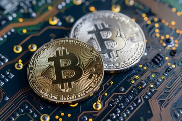 Poster - Gold and silver bitcoin cryptocurrency coins are lying on a computer motherboard