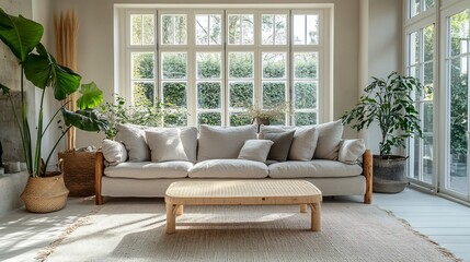 Poster - Scandinavianstyle living room with a light gray linen sofa oak coffee table and whitewashed floors The room features minimal decor natural textures and large windows allowing abundant natural light