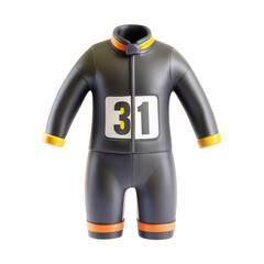 Poster - This 3D render features a firefighter suit, illustrated in black with orange accents and a number 31. It's a model portraying safety gear.