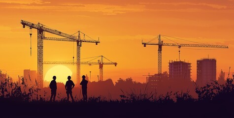 Silhouetted construction workers discussing project details at sunset.