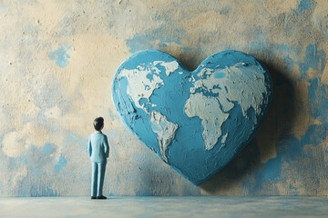 A man stands in front of a large blue heart with a globe inside