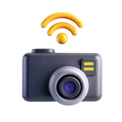 Poster - A 3D render of a camera with a Wi-Fi symbol above it, suggesting wireless connectivity. The icon is sleek and modern, emphasizing technology.