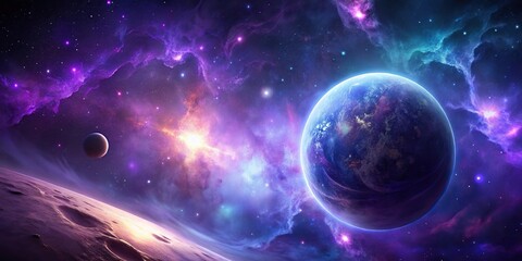 Wall Mural - silhouette purple planet in deep space with glowing nebula and stars cosmic and ethereal scene