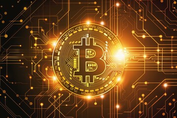 Poster - Bitcoin cryptocurrency is glowing on a digital circuit board background, suggesting the future of finance and technology