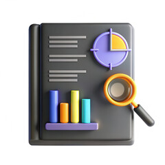 Aufkleber - A 3D render of a data report featuring colorful graphs, a pie chart, and a magnifying glass, illustrating data analysis. Ideal for presentations.