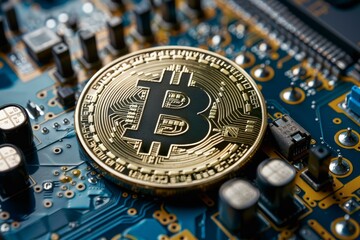 Poster - Gold bitcoin is lying on a blue circuit board, suggesting the link between cryptocurrency and computer technology