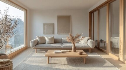 Aufkleber - Scandinavian living room with light oak furniture soft gray wool sofa and pastelcolored cushions The room has a minimalist approach with clean lines and natural materials
