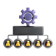 Aufkleber - A 3D model showing a team structure with icons of people connected to a central gear symbol, illustrating collaboration and organization.