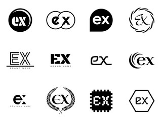 EX logo company template. Letter e and x logotype. Set different classic serif lettering and modern bold text with design elements. Initial font typography.