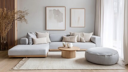 Poster - Scandinavian living room with light oak furniture soft gray wool sofa and pastelcolored cushions The room has a minimalist approach with clean lines and natural materials