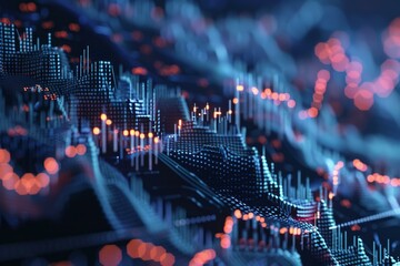 Poster - abstract 3d illustration of financial chart with glowing peaks and valleys, visualizing stock market
