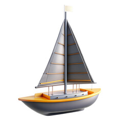 Poster - A 3D render of a sailboat model featuring a sleek design with a grey hull and yellow accents, isolated on a black background.