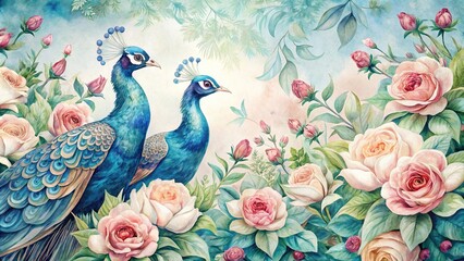 Naklejka na meble Vintage blue pair of peacocks with watercolor roses Extreme Close-Up
