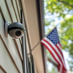 Security camera mounted on a home with an American flag in the background.