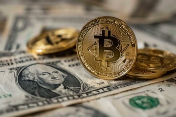 Poster - Gold bitcoin cryptocurrency coins resting on us dollar banknotes indicating an investment in digital currency