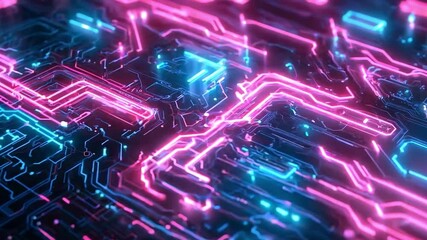 Poster - Abstract circuit board design featuring vibrant pink and blue neon lights in a digital landscape at nighttime